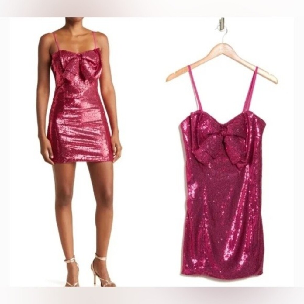 Torn by Ronny Kobo LindsayHot Pink Barbie Sequin Bow Mini Dress , XS MRSP $438
